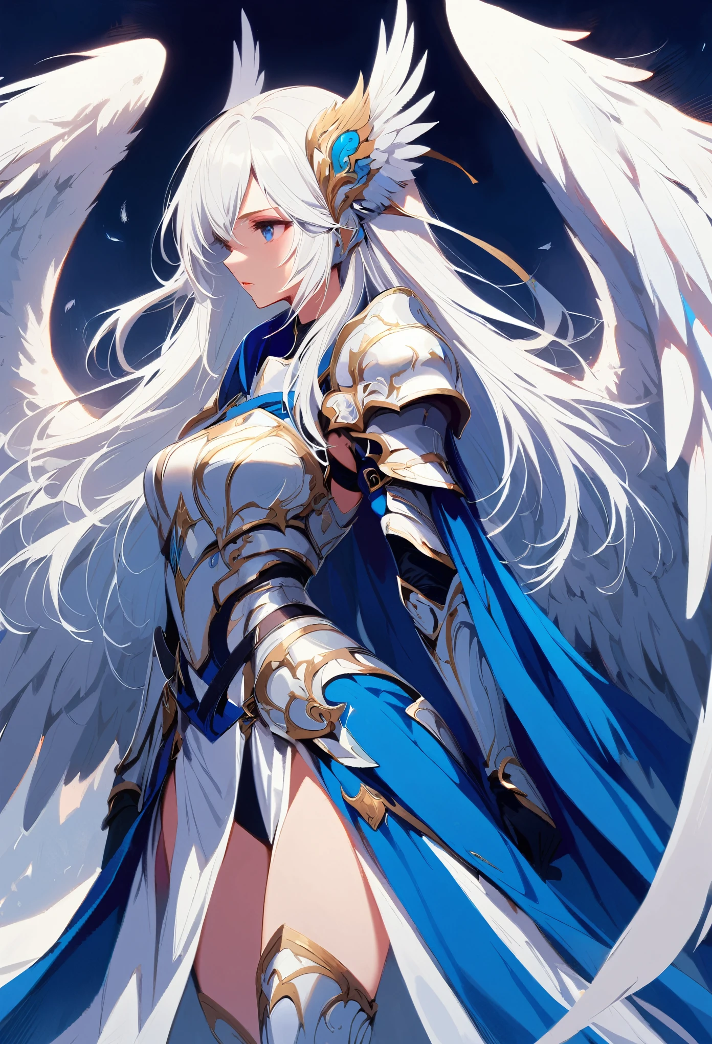 1girl angel angel_wings armor feathers_Long wing feathers_Hair Shoulder Armor Shoulder_Armor single piece_Upper wing separation_The body is white_Theme blue_Wings Wings