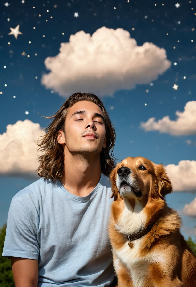 Create a serene, nocturnal landscape where billowing clouds fill the sky. The scene is illuminated by countless stars, (((a handsom guy))), (((very long sandy brown hair))), (((cute))) , (((toned))), (((guy with a ultra detailed realistic (face) (eyes) (mouth) an (nose))), (((award winning realistic photo))), (((beside his faithful dog))), (((gazing up at the sky))), (((The soft atmosphere captures a sense of wonder and companionship))), (((in the picturesque park))).