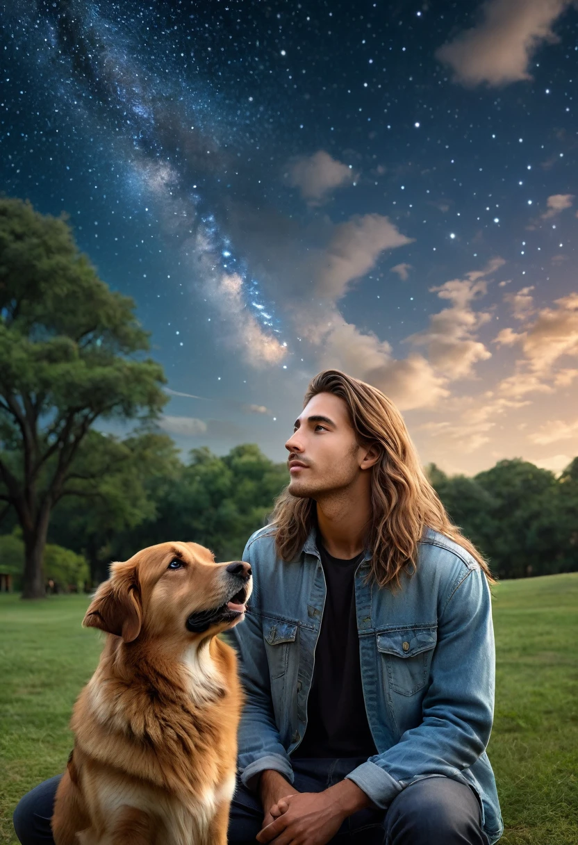 Create a serene, nocturnal landscape where billowing clouds fill the sky. The scene is illuminated by countless stars, (((a handsom guy))), (((very long sandy brown hair))), (((cute))) , (((toned))), (((guy with a ultra detailed realistic (face) (eyes) (mouth) an (nose))), (((award winning realistic photo))), (((beside his faithful dog))), (((gazing up at the sky))), (((The soft atmosphere captures a sense of wonder and companionship))), (((in the picturesque park))).
