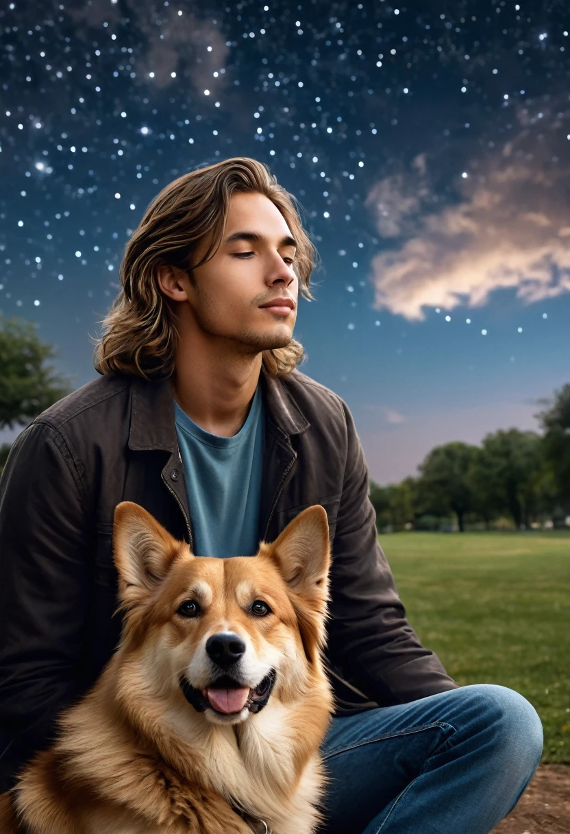 Create a serene, nocturnal landscape where billowing clouds fill the sky. The scene is illuminated by countless stars, (((a handsom guy))), (((very long sandy brown hair))), (((cute))) , (((toned))), (((guy with a ultra detailed realistic (face) (eyes) (mouth) an (nose))), (((award winning realistic photo))), (((beside his faithful dog))), (((gazing up at the sky))), (((The soft atmosphere captures a sense of wonder and companionship))), (((in the picturesque park))).