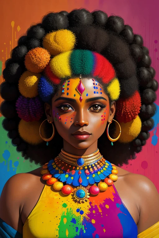 an abstract painting portrait of an afro hair indian woman with colorful paint splatter, in the style of realism with fantasy elements, color gradients, color splashing, colorful figures minimalist style, oil painting