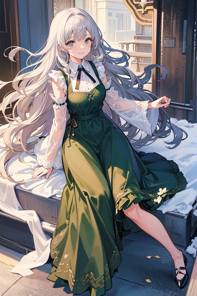 
Highest quality, shape, Very detailed, In detail, High resolution, 8k wallpaper, Perfect dynamic composition, Beautiful details, Center of chest, Natural color lip, Random sexy poses,smile,20-year-old girl,Huge , A woman with long wavy silver hair wearing a green dress and a black lace apron