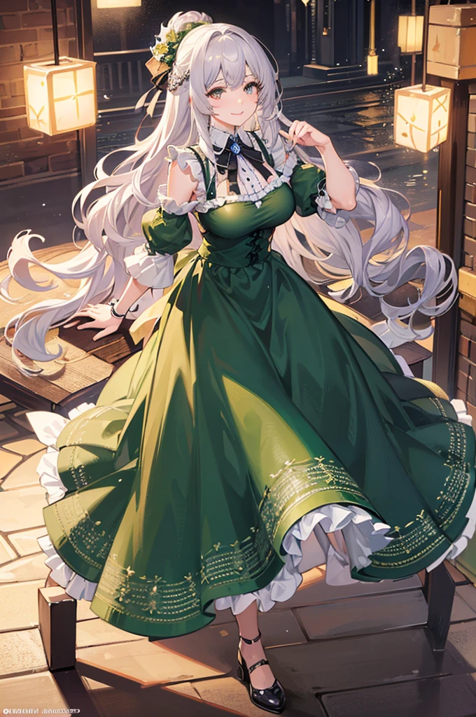 Highest quality, shape, Very detailed, In detail, High resolution, 8k wallpaper, Perfect dynamic composition, Beautiful details, Center of chest, Natural color lip, Random sexy poses,smile,20-year-old girl,Huge , A woman with long wavy silver hair wearing a green dress and a black lace apron