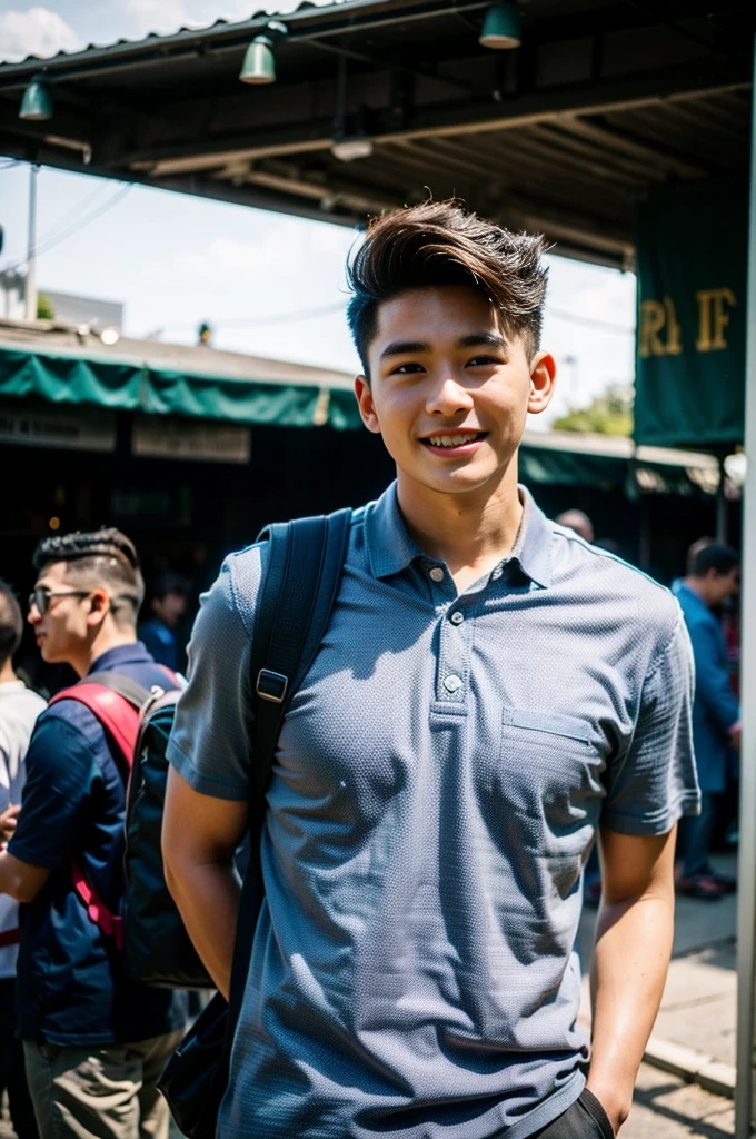 Young man in a navy blue polo shirt Standing at the edge of the market with a smile on his face, looking into the distance Turn your head slightly.,Cloudy day, (Backpack:1.2)