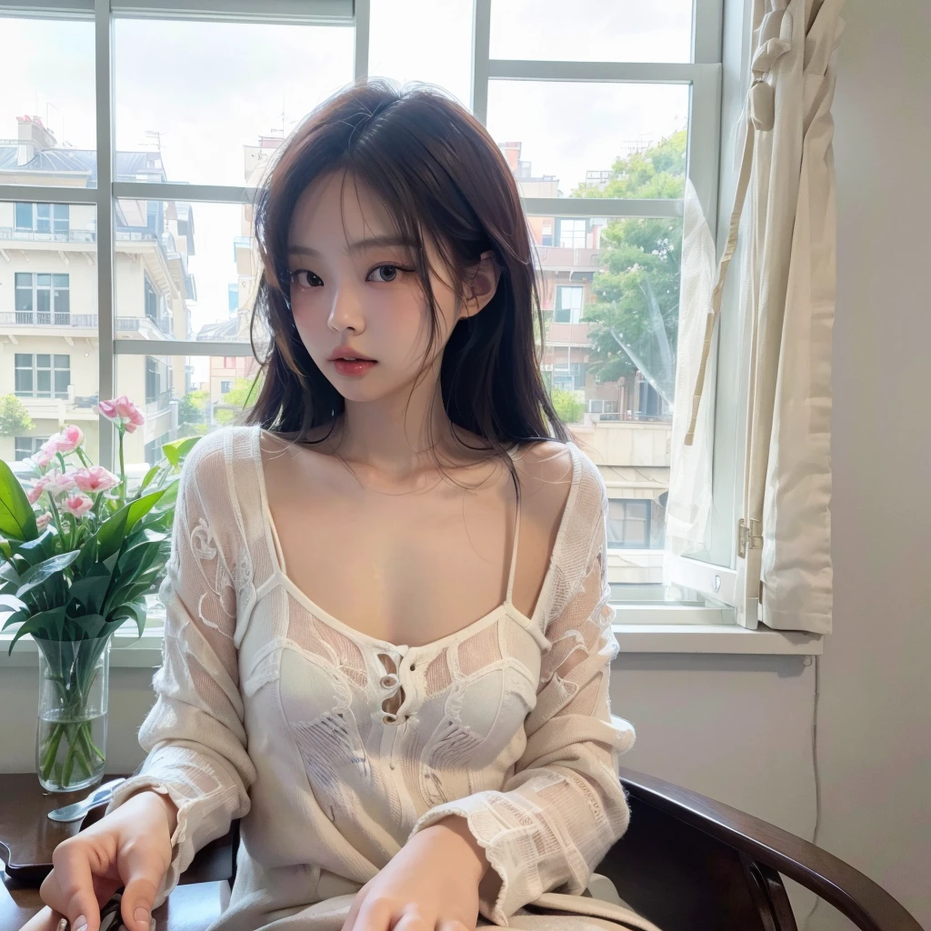 1 girl, korean girl, jennie kim, beautiful detailed eyes, beautiful detailed lips, extremely detailed face, longeyelashes, elegant, graceful, sitting on chair, aesthetic living room, modern interior, large windows, natural lighting, soft pastel colors, warm tones, photorealistic, hyperrealistic, 8k, best quality, masterpiece, (realistic:1.37), (photorealistic:1.37), (ultra-detailed:1.2), (best quality:1.2), (8k:1.2), (high resolution:1.2)