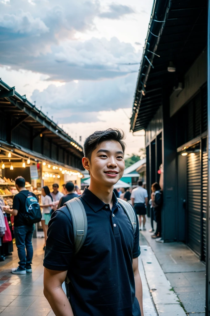 Young man in a navy blue polo shirt Standing at the edge of the market with a smile on his face, looking into the distance Turn your head slightly.,Cloudy day, (Backpack:1.2)