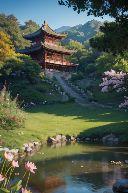 A beautiful detailed peach blossom garden in ancient China, lush peach trees in full bloom, intricate stone bridges, serene ponds with lotus flowers, exquisite traditional Chinese architecture, ancient scholars strolling through the garden, (best quality,4k,8k,highres,masterpiece:1.2),ultra-detailed,(realistic,photorealistic,photo-realistic:1.37),HDR,UHD,studio lighting,ultra-fine painting,sharp focus,physically-based rendering,extreme detail description,professional,vivid colors,bokeh,landscape,intricate details,cinematic lighting,warm color palette
