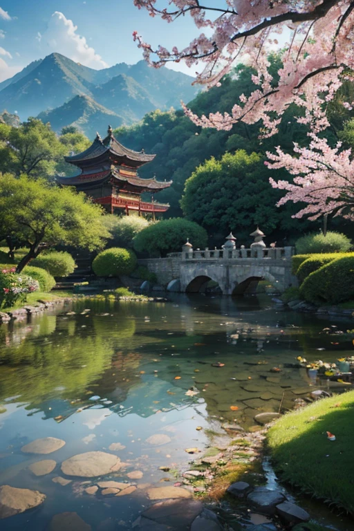 A beautiful detailed peach blossom garden in ancient China, lush peach trees in full bloom, intricate stone bridges, serene ponds with lotus flowers, exquisite traditional Chinese architecture, ancient scholars strolling through the garden, (best quality,4k,8k,highres,masterpiece:1.2),ultra-detailed,(realistic,photorealistic,photo-realistic:1.37),HDR,UHD,studio lighting,ultra-fine painting,sharp focus,physically-based rendering,extreme detail description,professional,vivid colors,bokeh,landscape,intricate details,cinematic lighting,warm color palette