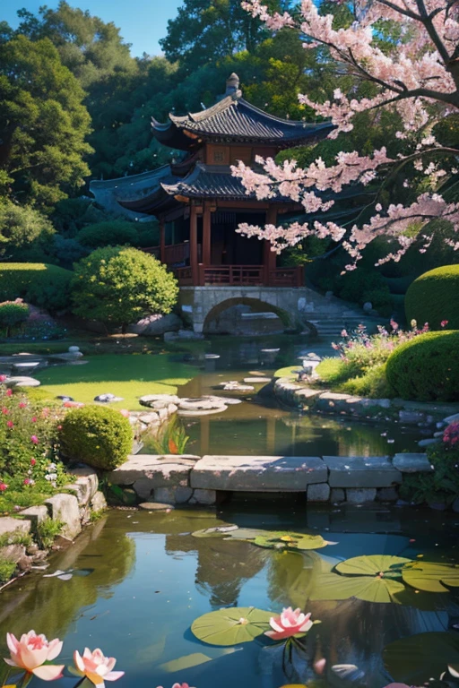A beautiful detailed peach blossom garden in ancient China, lush peach trees in full bloom, intricate stone bridges, serene ponds with lotus flowers, exquisite traditional Chinese architecture, ancient scholars strolling through the garden, (best quality,4k,8k,highres,masterpiece:1.2),ultra-detailed,(realistic,photorealistic,photo-realistic:1.37),HDR,UHD,studio lighting,ultra-fine painting,sharp focus,physically-based rendering,extreme detail description,professional,vivid colors,bokeh,landscape,intricate details,cinematic lighting,warm color palette