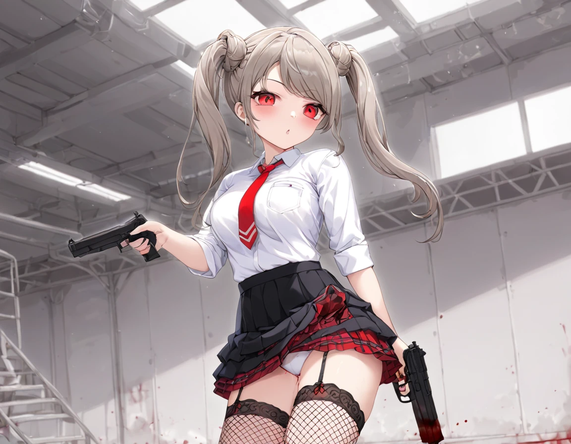 Large amount of fresh red blood、Girl firing a gun、A girl covered in blood. She lifts her skirt with both hands.、Showing off cute white underwear.、Black garter belt、Black rough fishnet stockings、Plain white shirt with red tie、Standing posture、Abandoned Factory