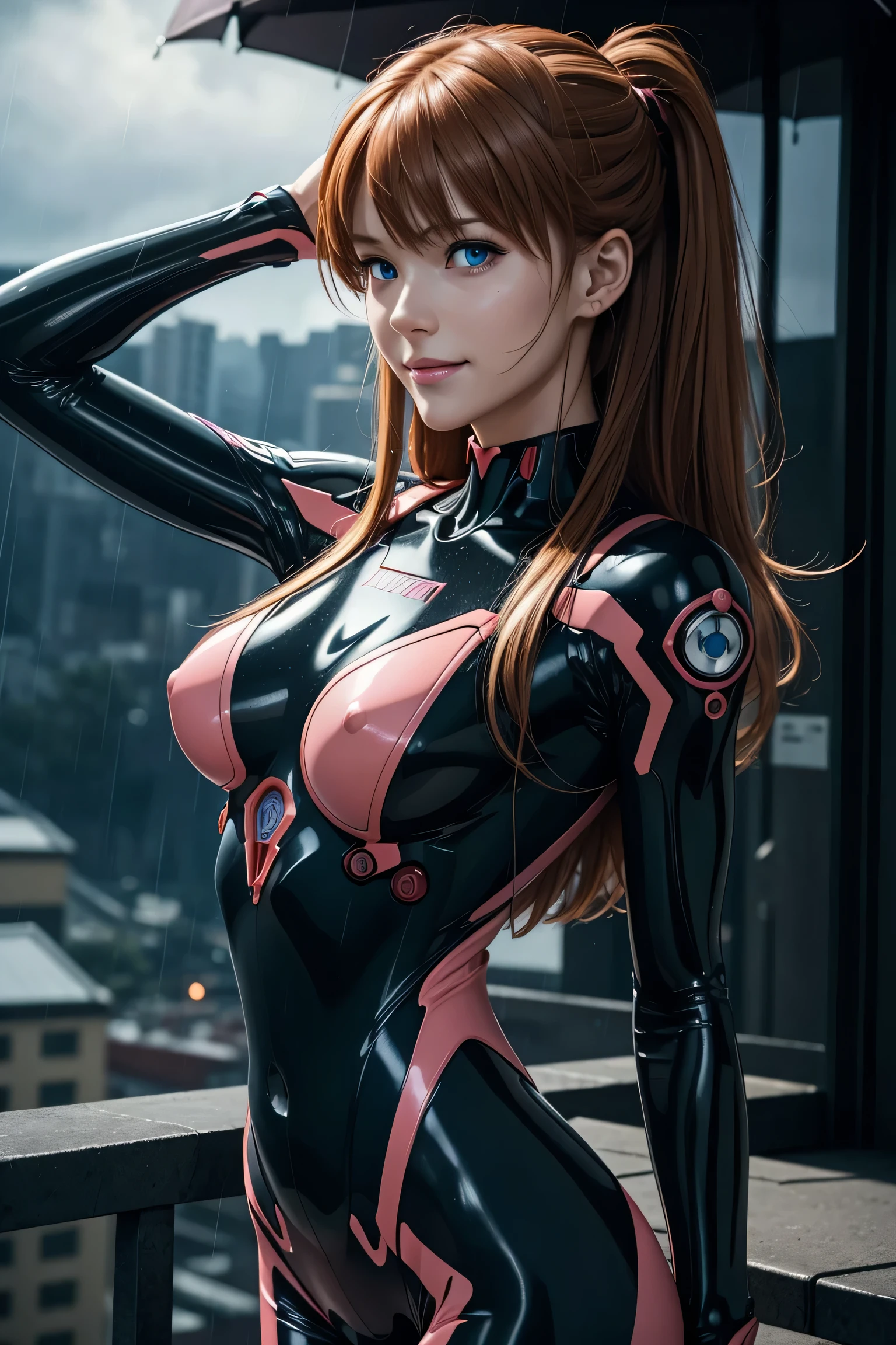 Evangelion,Asuka Langley,blue eyes,Plug Suit,Bodysuits,Interface Headset,赤いBodysuits,Ultra HD,super high quality,masterpiece,Digital SLR,Photorealistic,Detailed details,Vivid details,Depicted in detail,A detailed face,Detailed details,Super Detail,Realistic skin texture,Anatomical basis,Perfect Anatomy,Anatomically correct hand,Anatomically correct fingers,Complex 3D rendering,Sexy pose,Rainy Sky,Beautiful scenery,Fantastic rainy sky,Picturesque,Pink Lips,smile,