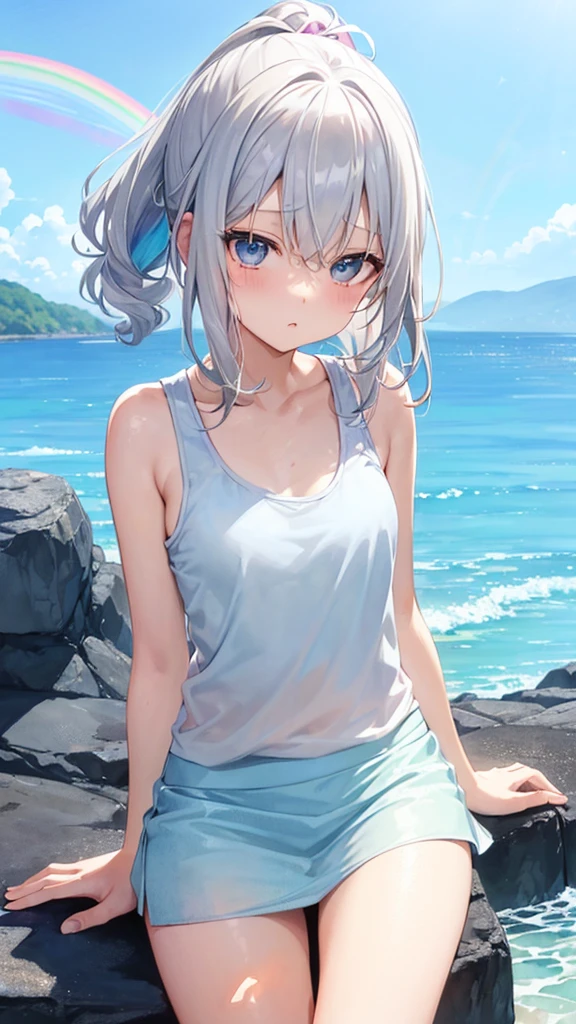 Basking in the morning sun at the beach、(watercolor,tegaki:1.4),(soft pastel colors:1.3),(platinum hair:1.3),( blue eyes:1.1),BREAK,,(rainbow pastel white color palette:1.3),(pastel rainbow tank top:1.4),(mini skirt:1.3),(music score:1.1)、kawaii、rough toutch、Detailed expression、(Teenage Girls、Beautiful eyes、Blue Eyes、Gray Hair、Curly Hair、slender、Small breasts、 legs、Inner thighs、Beautiful Skin、Perfect fingertips、8 heads、look away、during、Lolicon)、ponytail