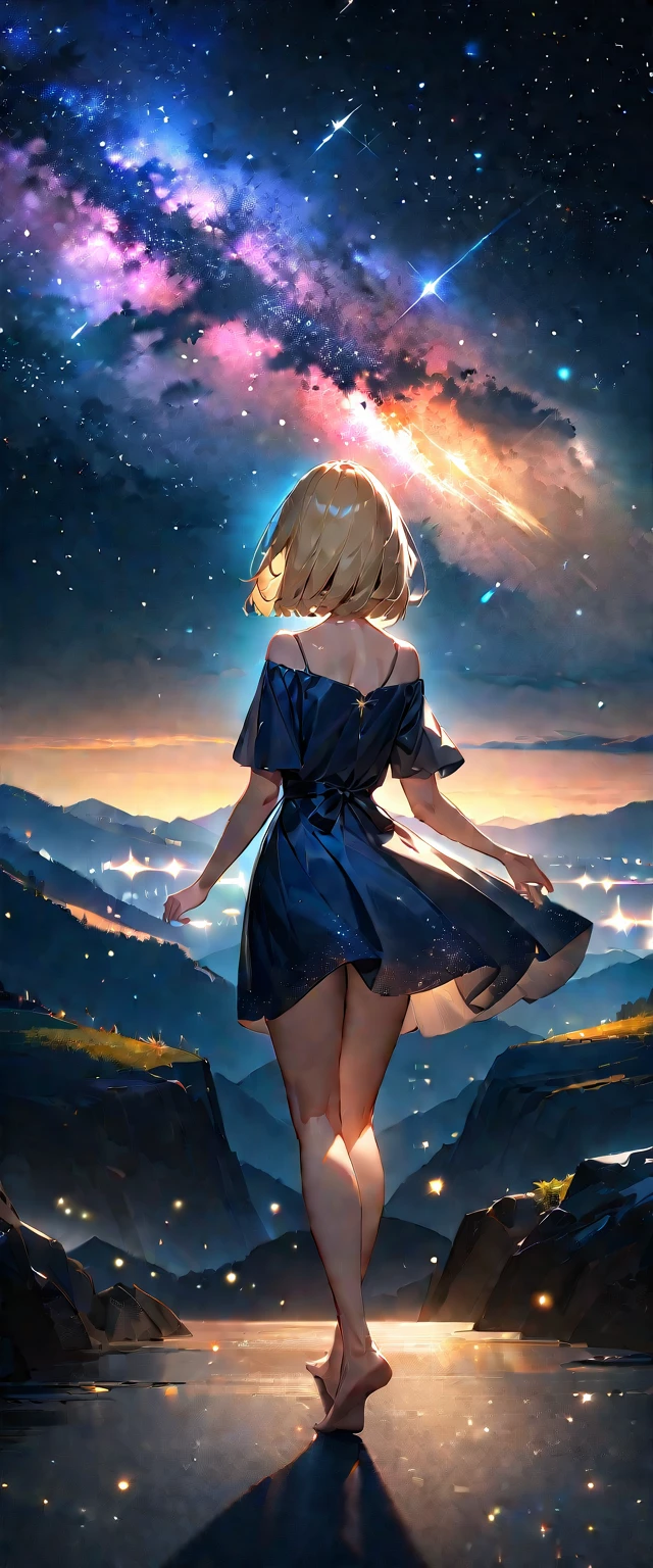 (((A meteor shower dancing in the night sky, countless stars twinkling in the clear air, a beautiful starry sky, the Milky Way shining beautifully in the night))), mountain, wide shot, back shot, a girl, bob cut, bare legs, bare foot, blond hair, (best quality, 4K, 8K, highres, masterpiece:1.2, ultra-detailed, HDR, uhd, studio lighting, ultra-fine painting, sharp focus, physically-based rendering, extreme detail description, professional, vivid colors, bokeh)