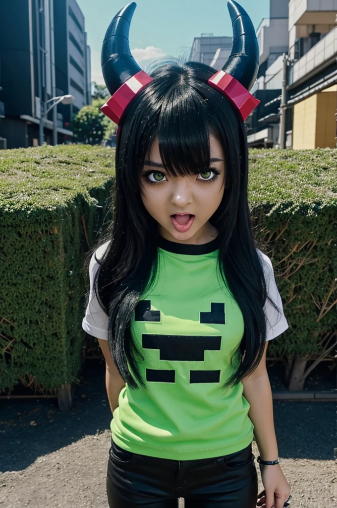 Screenshot of tokyo ravangers A girl with black hair,demon horns and green eyes,with minecraft creeper clothes and pierced tongue 