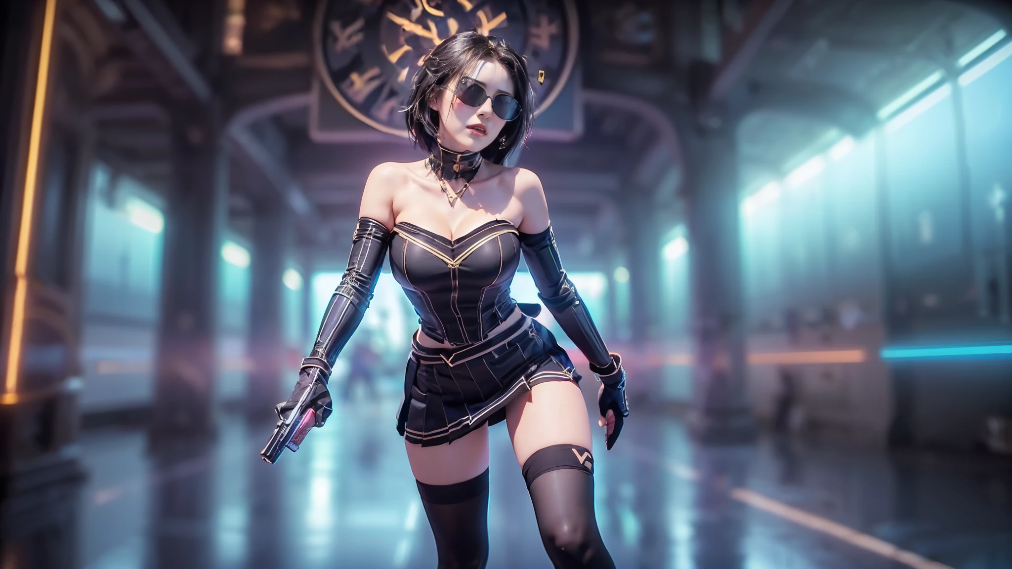 (aerial view). at night, futuristic sci-fi cyberpunk city, broad viaduct, skyscrapers at the end of the viaduct, the movie "13th Floor" style, (((((voltex-spirit-spreading giant clock tower as time machine))))), hq. Matrix style, at night, (1girl, solo), photo realistic, (large-breast:1.2 slim body, cleavage:1.3), (((tube top, extreamly short pleated (((miniskirt)))))), (((((matrix style black sunglasses))))), (((((aiming at camera with a (short:0.8 pistol)))))), (((half-body (thigh level) medium shot))), (cinematic lighting).