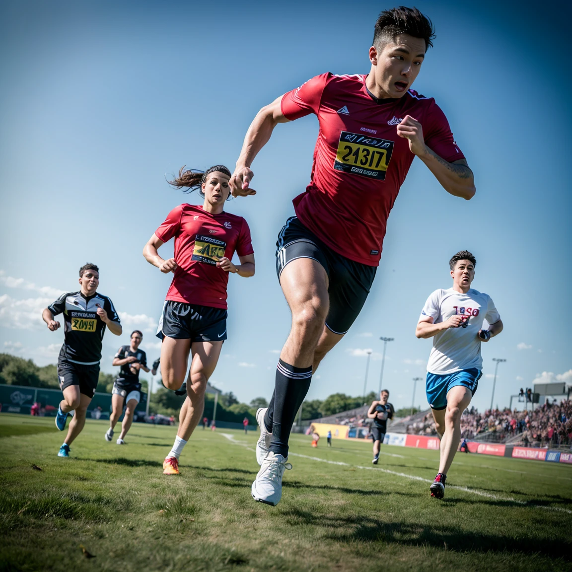 many people running together in a group on a field, sports setting, sports photography, sport photography, professional sports style, sport game, high quality wallpaper, canines sports photo, sports broadcast, sports clothing, sport, action sports, athlete photography, athletic footage, 4k, high-quality wallpaper,