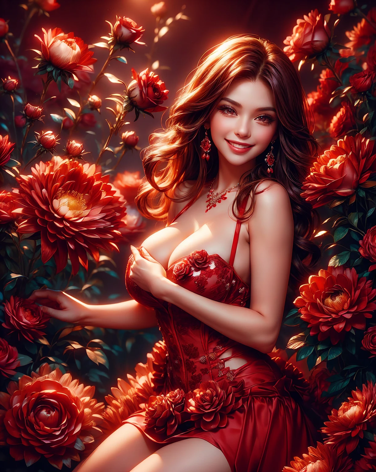 a woman in a red dress, holding red roses, red roses, derevschikova, alexis flower, huge breasts, cleavage, smiley face, smile on face, roses background, beautiful sexy woman photo, in red rose background, on a red background, female model, roses, with a beautifull smile.