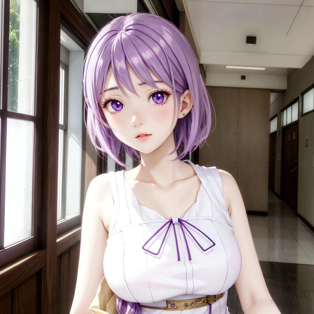 Anime girl with purple hair and white top standing in a hallway, Realistic Anime 3D Style, Cute realistic portrait, My Dress Up Darling Anime, Semi-realistic anime, Semi-realistic anime style, Anime-style 3D, Realistic young anime girl, Smooth anime CG art, 3D Anime Real, Semi-realistic anime, Stylized anime, Cute Anime Girl