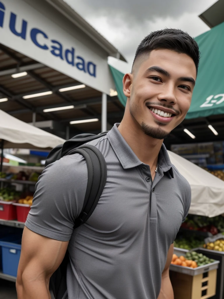 Tony Labrusca, Young man in a gray polo shirt Standing at the edge of the market with a smile on his face, looking into the distance Turn your head slightly.,Cloudy day, (Backpack:1.2)