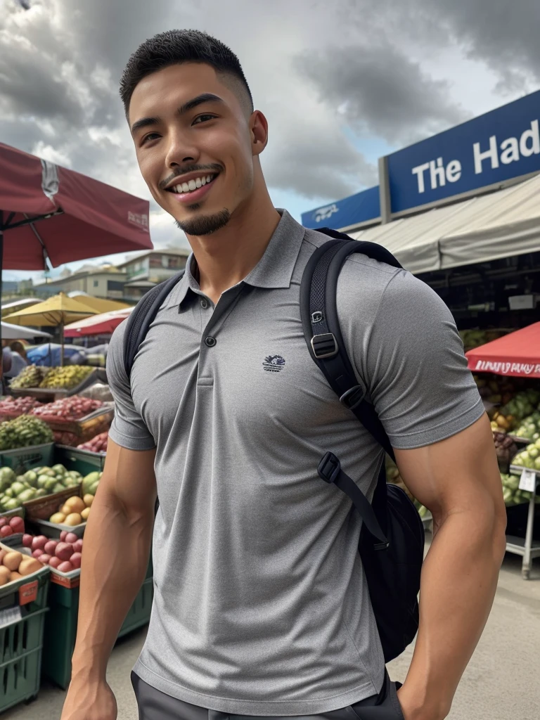 Tony Labrusca, Young man in a navy blue polo shirt Standing at the edge of the market with a smile on his face, looking into the distance Turn your head slightly.，Cloudy day, (Backpack:1.2)