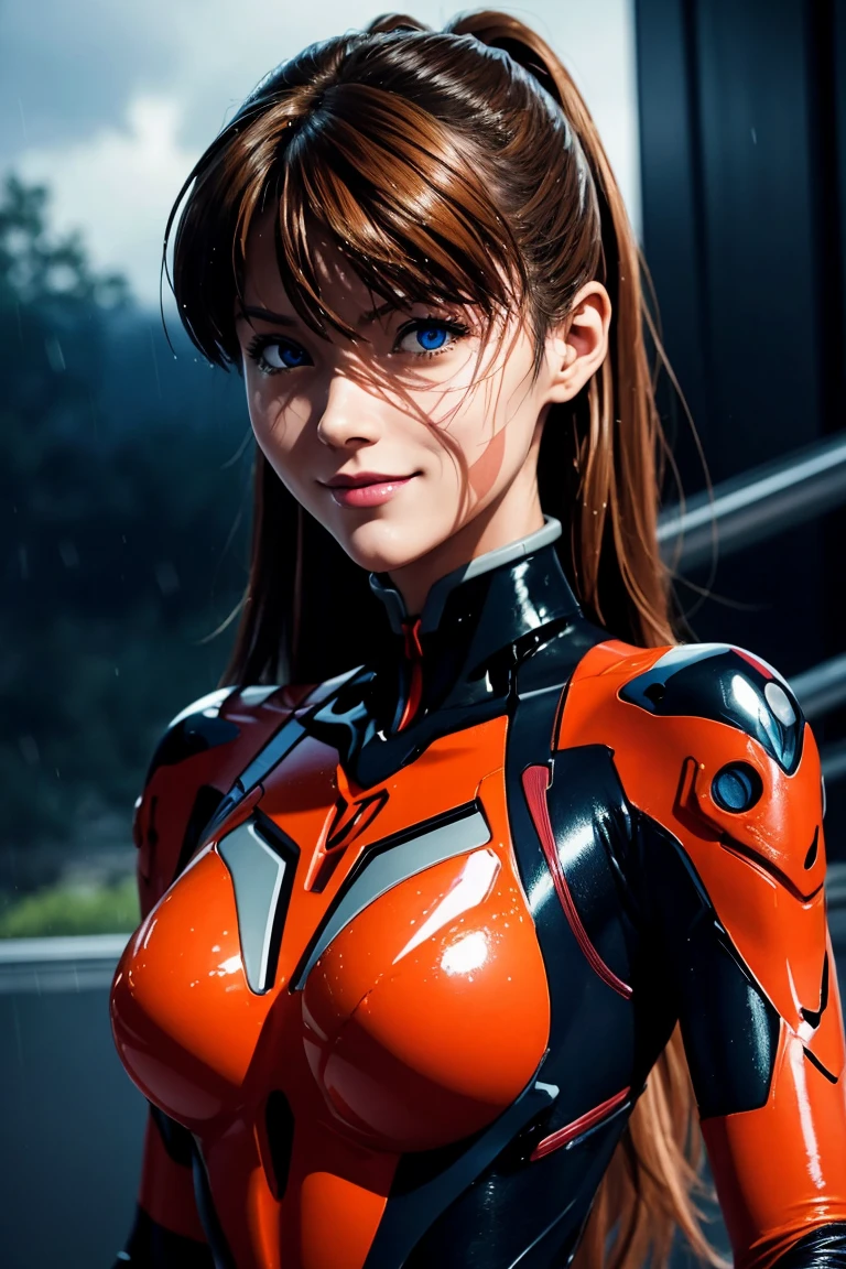 Evangelion,Asuka Langley,blue eyes,Plug Suit,Bodysuits,Interface Headset,赤いBodysuits,Ultra HD,super high quality,masterpiece,Digital SLR,Photorealistic,Detailed details,Vivid details,Depicted in detail,A detailed face,Detailed details,Super Detail,Realistic skin texture,Anatomical basis,Perfect Anatomy,Anatomically correct hand,Anatomically correct fingers,Complex 3D rendering,Sexy pose,Rainy Sky,Beautiful scenery,Fantastic rainy sky,Picturesque,Pink Lips,smile,