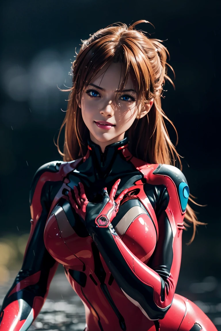 Evangelion,Asuka Langley,blue eyes,Plug Suit,Bodysuits,Interface Headset,赤いBodysuits,Ultra HD,super high quality,masterpiece,Digital SLR,Photorealistic,Detailed details,Vivid details,Depicted in detail,A detailed face,Detailed details,Super Detail,Realistic skin texture,Anatomical basis,Perfect Anatomy,Anatomically correct hand,Anatomically correct fingers,Complex 3D rendering,Sexy pose,Rainy Sky,Beautiful scenery,Fantastic rainy sky,Picturesque,Pink Lips,smile,