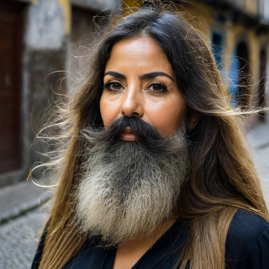 Portuguese woman with huge shaggy beard