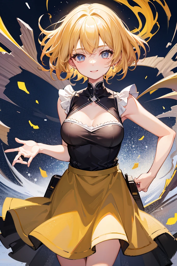 
Highest quality, shape, Very detailed, In detail, High resolution, 8k wallpaper, Perfect dynamic composition, Beautiful details, Center of chest, Natural color lip, Random sexy poses,smile,20-year-old girl,Huge , A short-haired blonde woman wearing a yellow dress and a white apron
