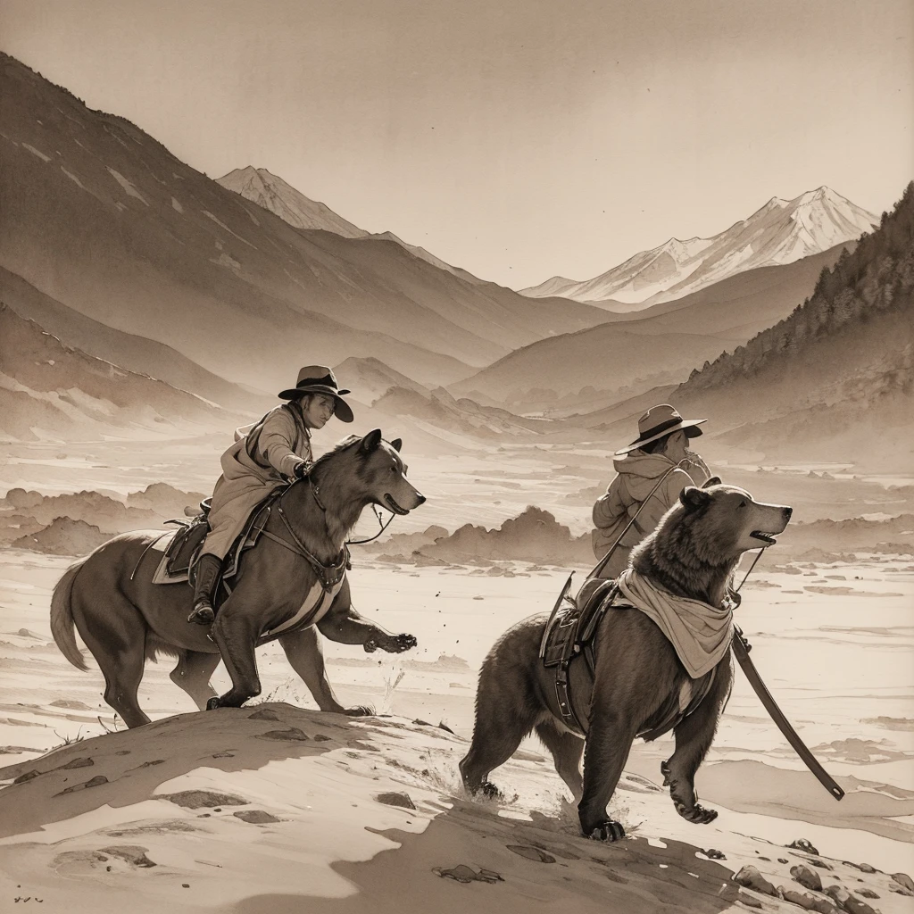 High quality, 8k Ultra HD, (((ink and wash painting))), (sepia-toned), Japan in the 1800s。A hunter wearing a raincoat is aiming at a bear with a matchlock gun in a snowy mountain。Dogs barking around the bear。