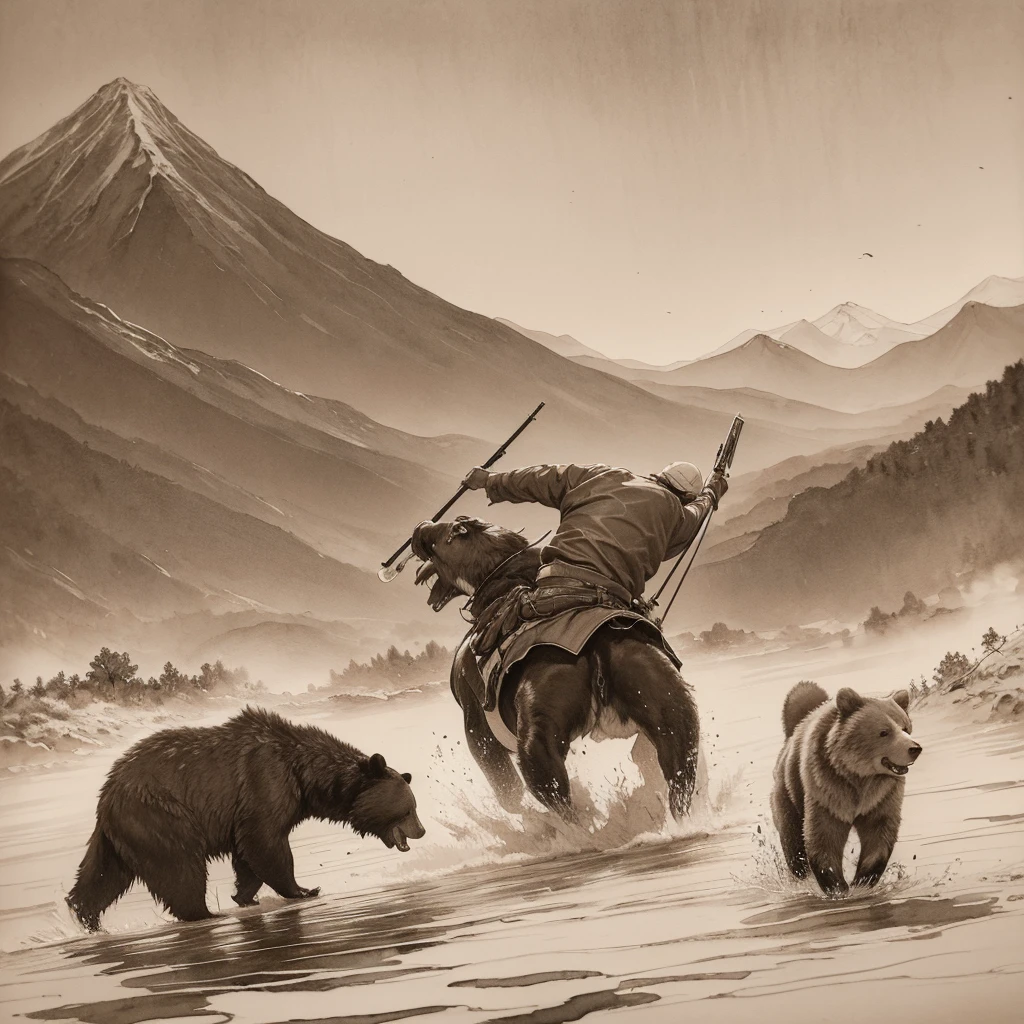 High quality, 8k Ultra HD, (((ink and wash painting))), (sepia-toned), Japan in the 1800s。A hunter wearing a raincoat is aiming at a bear with a matchlock gun in a snowy mountain。Dogs barking around the bear。