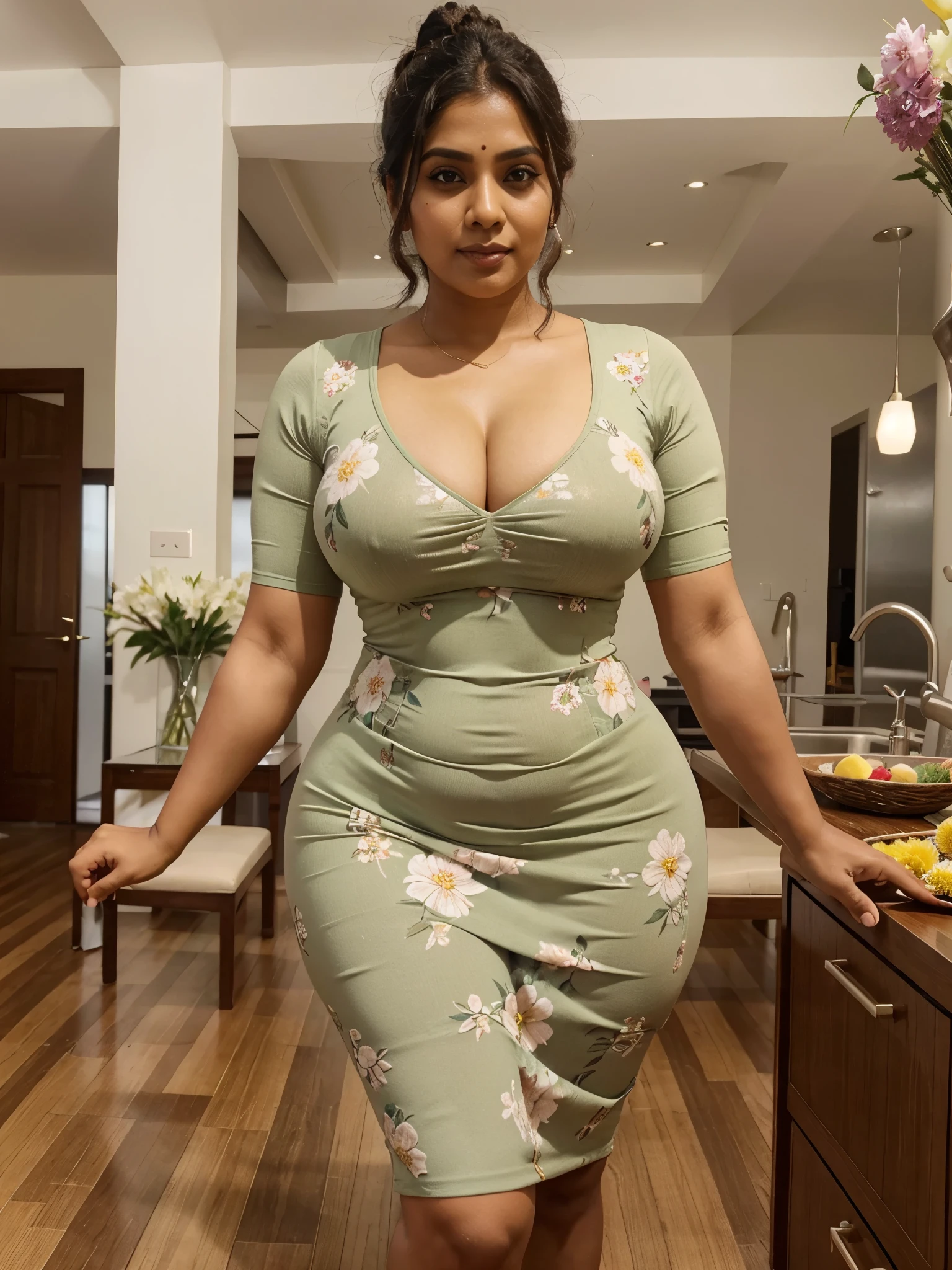 Sri lankan aunty 42 years old curvy body sexy figure fat body hairbun wearing flower pattern tight bodycon dress at kitche