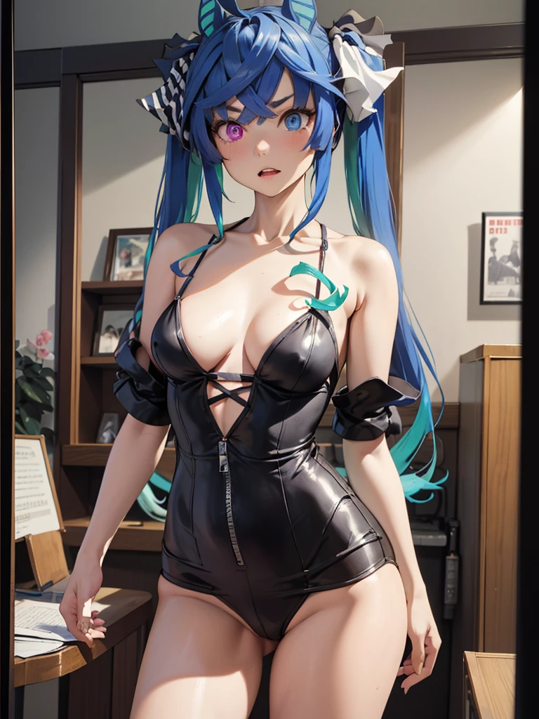 (masterpiece、top-quality、hight resolution), A detailed illustration of a scene inside a brothel. A prostitute is depicted in a state of panic after being recognized by a customer who is an acquaintance. The prostitute has a shocked and embarrassed expression, while the surroundings clearly indicate the location is a brothel. The perspective is from the customer's point of view, capturing the surprise and awkwardness of the situation. Twin_Turbo_Umamusume, aqua hair, twintails, heterochromia, purple eyes, blue eyes, sharp teeth, flat chest, hores tails, nsfw