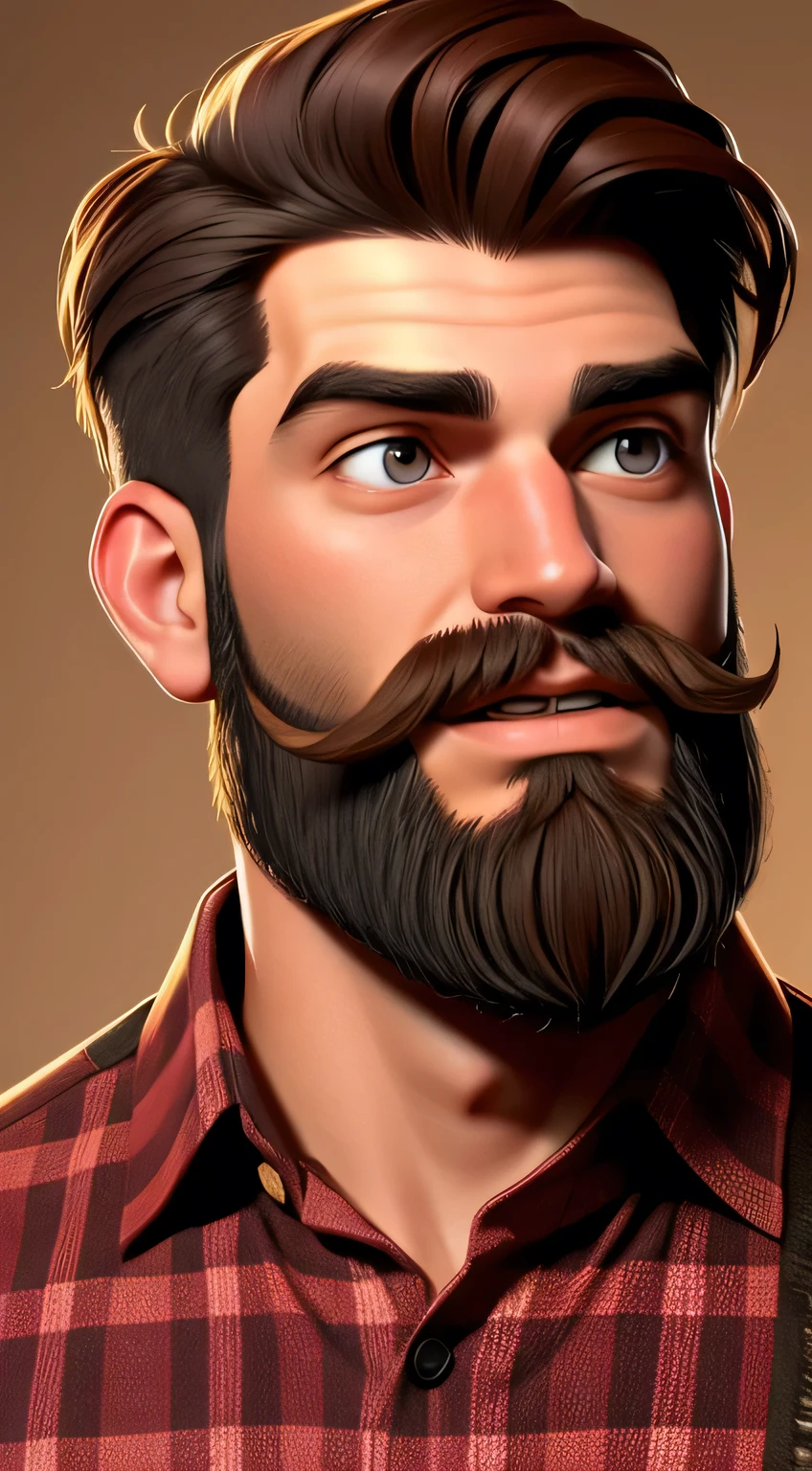 only face young man with beard, well-groomed short beard, red lumberjack shirt