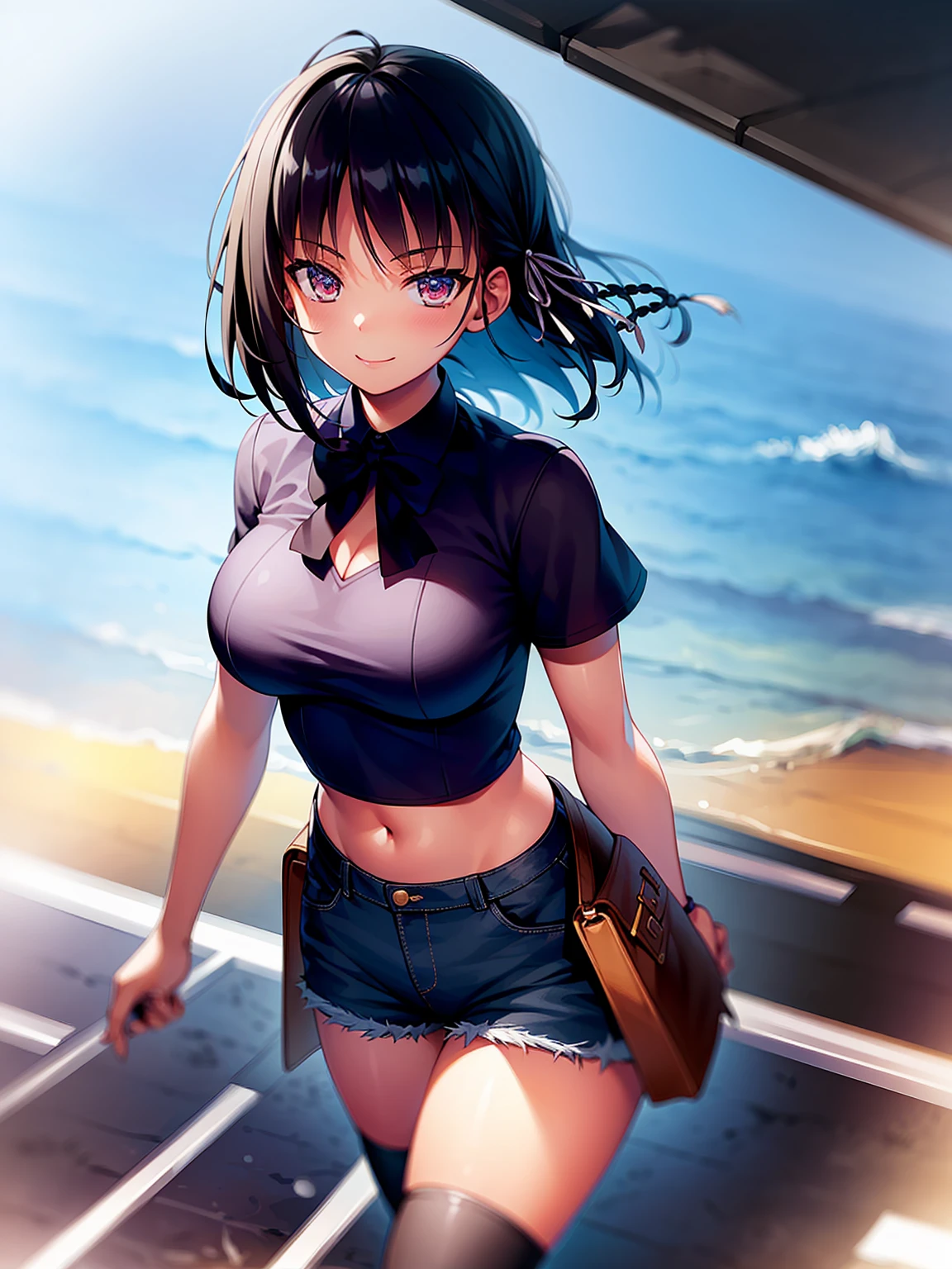 (8K, Highest quality, Highest quality, masterpiece), standing, 1girl, solo, cowboy shot, aasuzune, short hair, black hair, (single braid:1.2), hair ribbon, crop top, black thighhighs, smile, Denim short shorts, school, outdoors, large breasts, cleavage