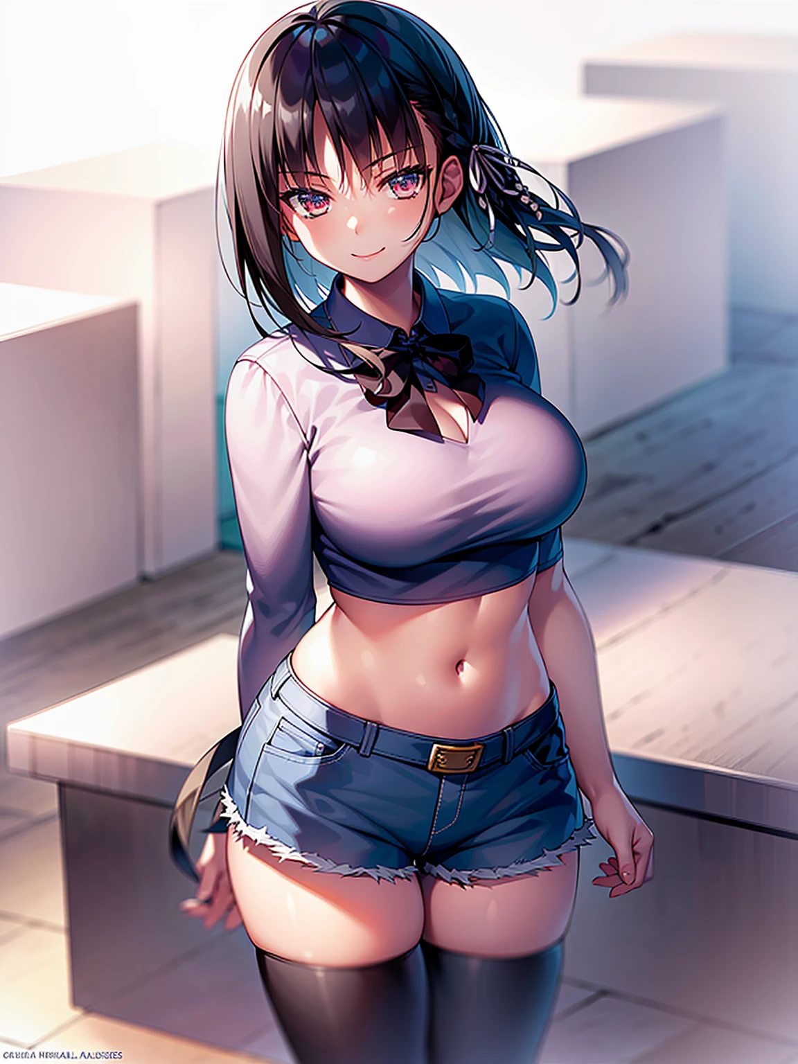 (8K, Highest quality, Highest quality, masterpiece), standing, 1girl, solo, cowboy shot, aasuzune, short hair, black hair, (single braid:1.2), hair ribbon, crop top, black thighhighs, smile, Denim short shorts, school, outdoors, large breasts, cleavage