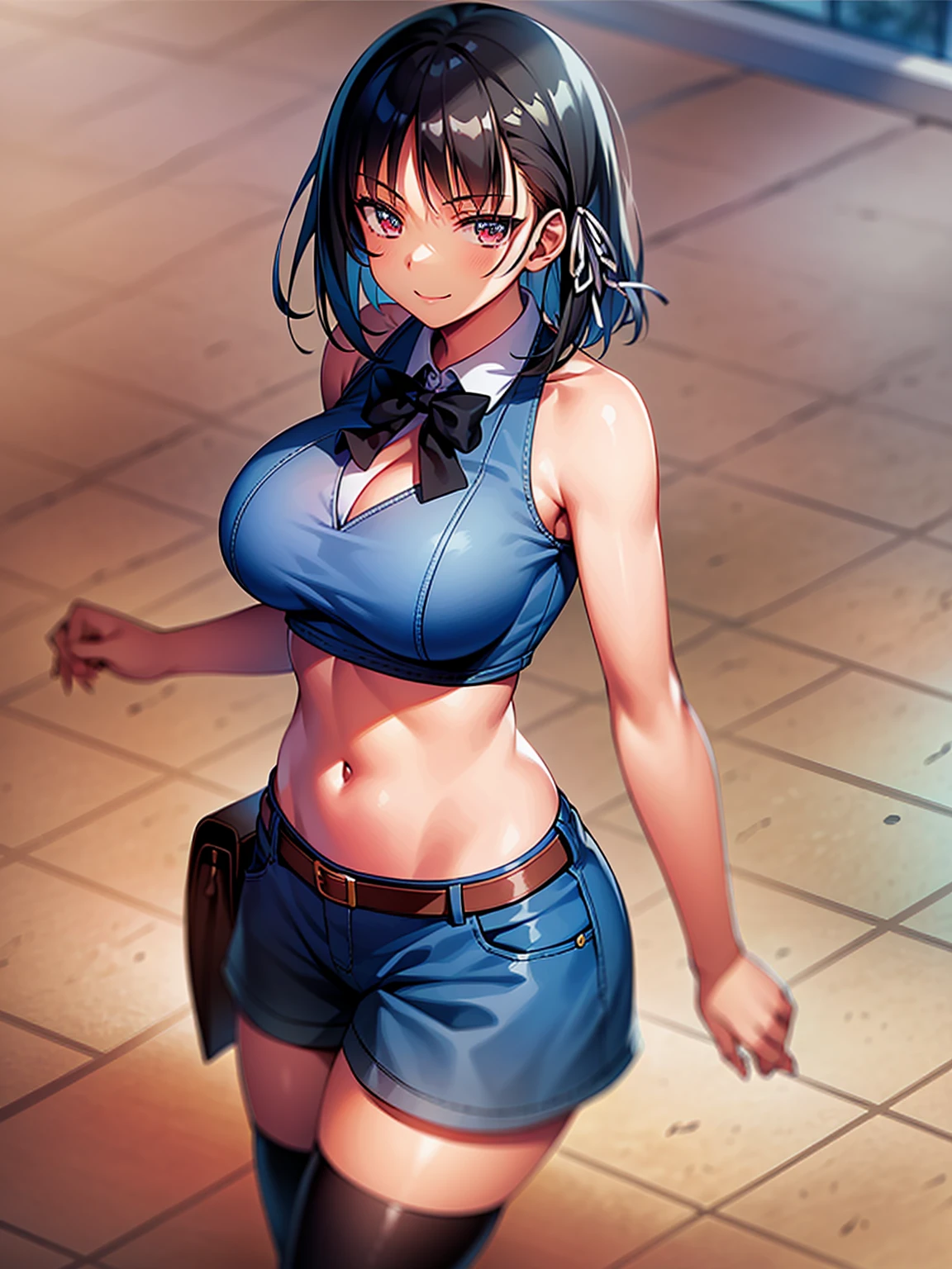 (8K, Highest quality, Highest quality, masterpiece), standing, 1girl, solo, cowboy shot, aasuzune, short hair, black hair, (single braid:1.2), hair ribbon, crop top, black thighhighs, smile, Denim short shorts, school, outdoors, large breasts, cleavage