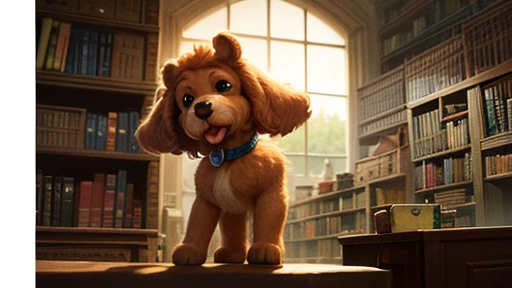 Create posters inspired by Disney Pixar movies, Brawn Poodle puppy, clever puppy in the library.  Digital art should be Pixar style, Reminiscent of animated feature films.