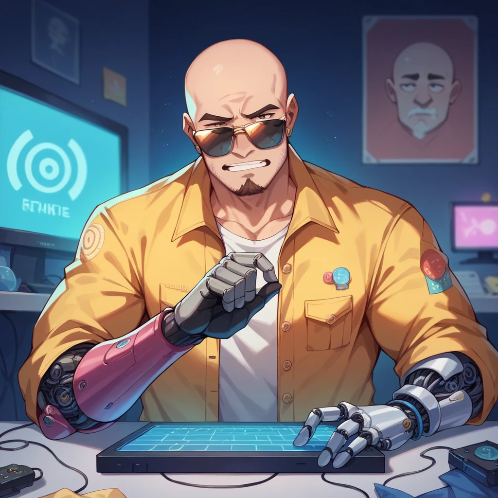 A 30 year old guy, bald man with brown beard, athletic body, wearing yellow jacket with blue neon, sunglasses, robotic arm implants, connected ends, in his bedroom, using a computer to hack, sci fi environment, night-time, POV view