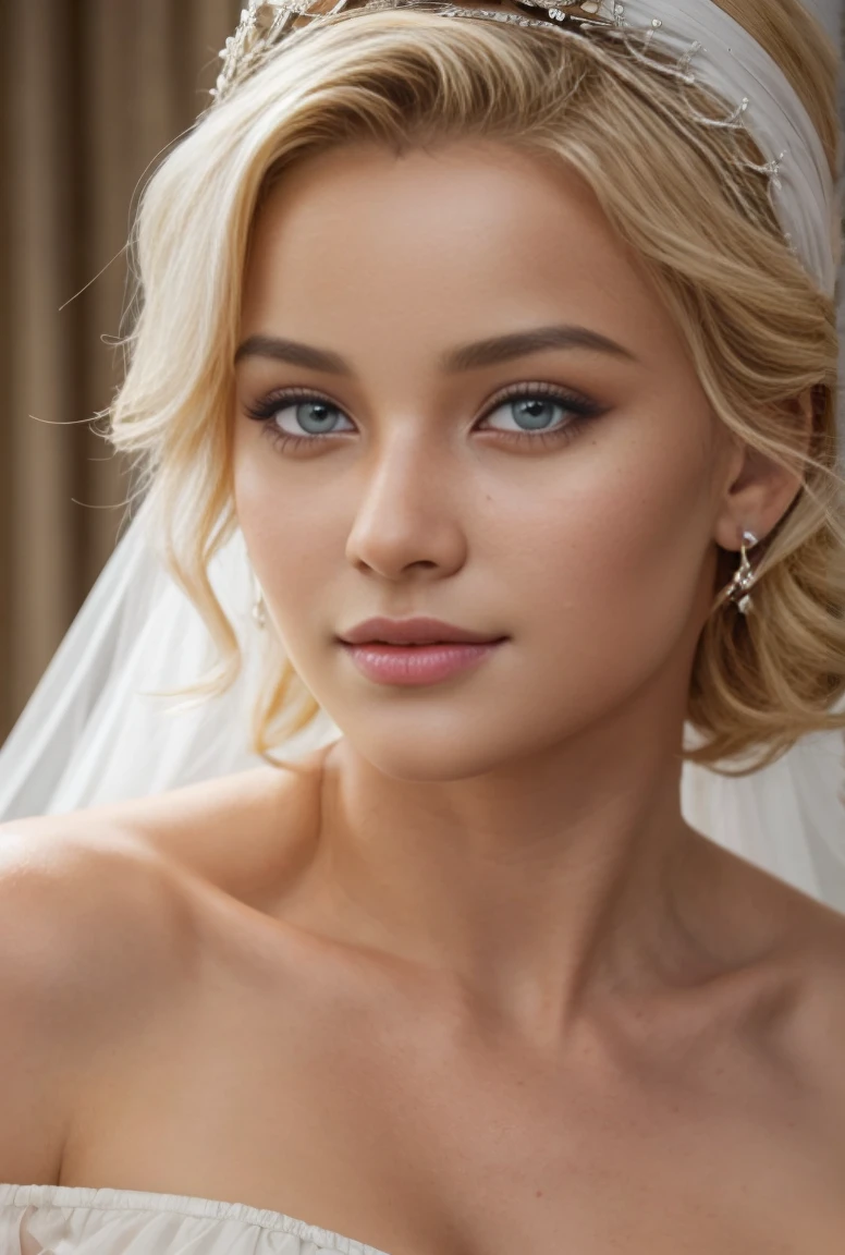 a beautiful Caucasian woman, blonde hair, elegant hairstyle and makeup, wedding dress, bridal gown, soft lighting, photorealistic, cinematic lighting, detailed facial features, high quality, masterpiece, detailed skin texture, detailed fabric texture, high definition, realistic, natural lighting, beautiful face, intricate details, high resolution, film grain, shallow depth of field, atmospheric