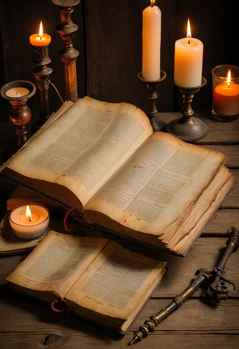 On a wooden desk there is a book made of parchment,book open,There are a few paragraphs written on it. On the right side of the book there is an extinguished candlestick.,There are some stationery around the book.