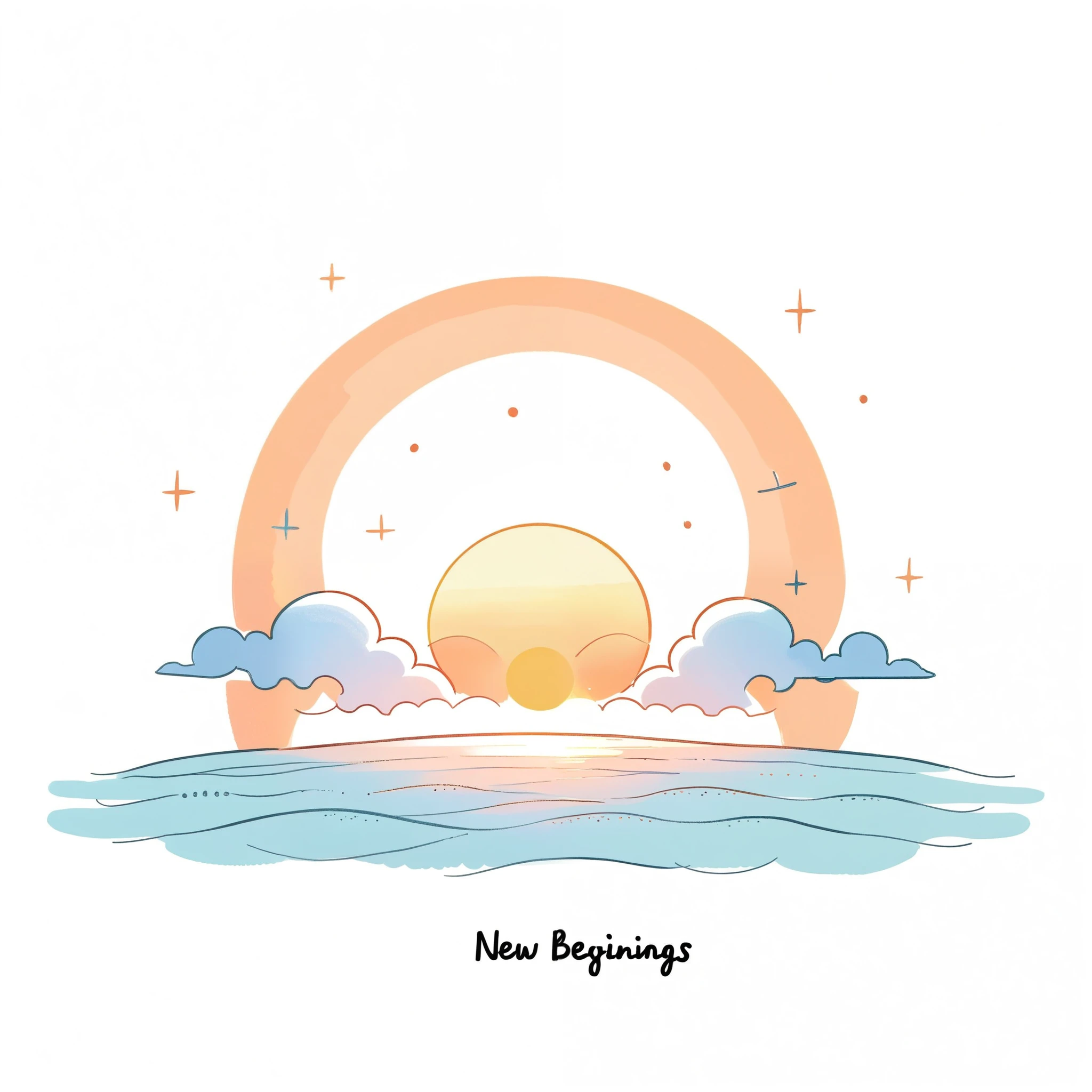 on white background a minimalist doodle of a pastel-colored sun rising over a calm horizon. Text saying 'New Day, New Beginnings' - pastel hues of soft orange, light pink, and gentle blue