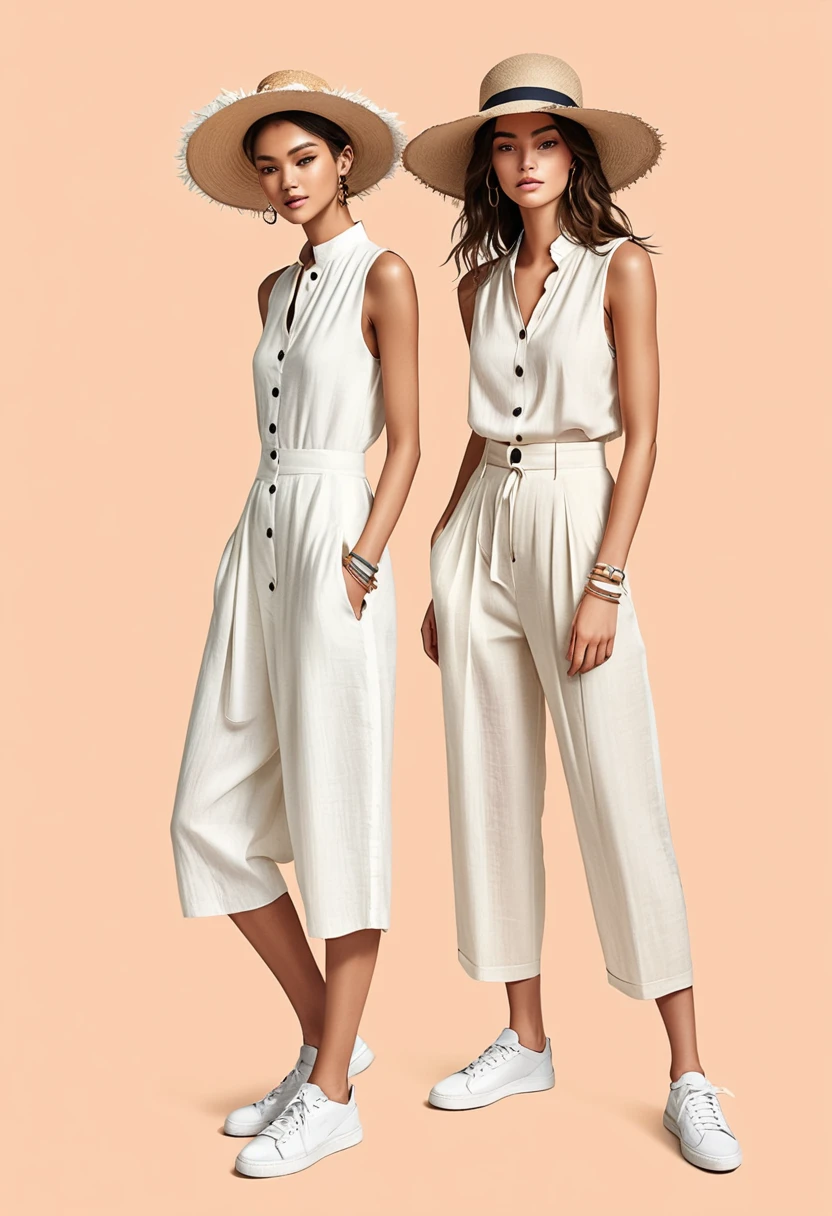 candid fashion illustration of young Mixed race man and woman, both aged 22 year old, ((showcase fashion look book in a off-White outfits)), inspired by Zara Summer collection in elegant young bohemian style. The man wears Relaxed-fit shirt in a linen and cotton blend. Stand-up collar with front button fastening. Long sleeves with buttoned cuffs., paired with Regular-fit shorts in airy linen with covered and a concealed drawstring at the waist, a fake fly, side pockets and welt back pockets. Fabric made from linen is breathable, beautiful both ironed and wrinkled, He completes his look with white sneakers, round sunglasses and bracelet. The woman complements him in a white Ankle-length dress, Calf-length, sleeveless dress in woven fabric featuring a round, frill-trimmed neckline and a keyhole opening with minimal detail, Her ensemble includes an accessorizes with a wide-brimmed straw hat, white sneakers, Captured in a dynamic angle, ((full-body image)), ((pastel color background)), sketching, realistic pencil lines, imperfect drawing, fading sketch, fashion look book, fashion illustrator,--sameseed.