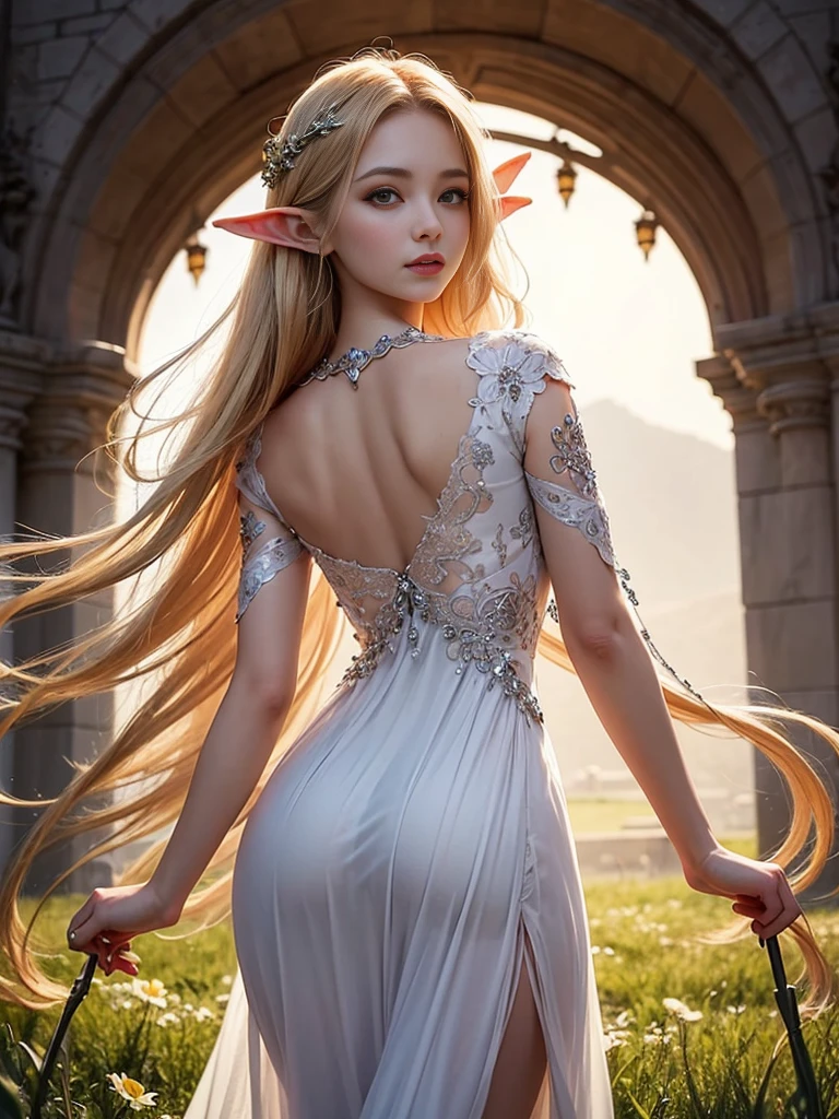 Graceful elven girl standing in meadow, Delicate face illuminated by the soft light of the setting sun. Her long, Flowing hair runs down your back, Decorated with intricate braids、Adorned with sparkling gemstones. This great photo is、、、It captures the ethereal beauty of elves. Slender figure in silk dress、Swaying in the soft steppe breeze. Attention to detail、Face that is、Face that is、Face that is、Face that is、It is evident in the intricate patterns of the dress and the subtle highlights of the luminescence. skin. The breathtaking portrayal of the elven girl is、、、、、Create an enchanting atmosphere、It invites the viewer to a magical world. transparent blonde hair,