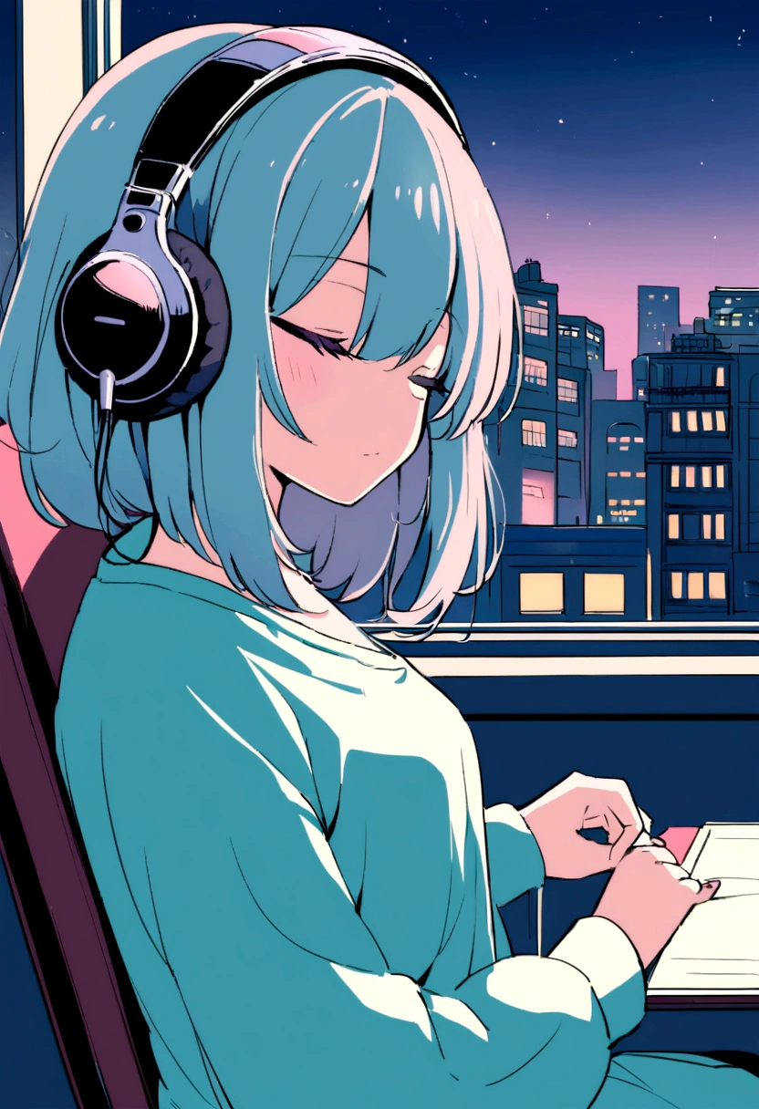 portrait、512、lofi、Girl with headphones sitting in a chair studying、night、Pastel colors、Painting, lots of stars and moon, super big breast,pank rock,portrait、512、lofi、Girl with bike、City view outside the window、night、Pastel colors、Painting, lots of stars and moon, super big breast,Riding a motorcycle and going for a run.8k quality, girl study