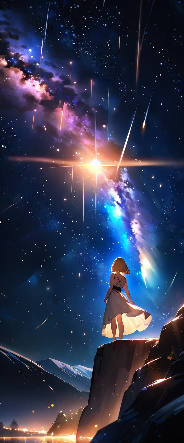 (((A meteor shower dancing in the night sky, countless stars twinkling in the clear air, a beautiful starry sky, the Milky Way shining beautifully in the night))), mountain, wide shot, back shot, a girl, bob cut, bare legs, bare foot, blond hair, (best quality, 4K, 8K, highres, masterpiece:1.2, ultra-detailed, HDR, uhd, studio lighting, ultra-fine painting, sharp focus, physically-based rendering, extreme detail description, professional, vivid colors, bokeh)