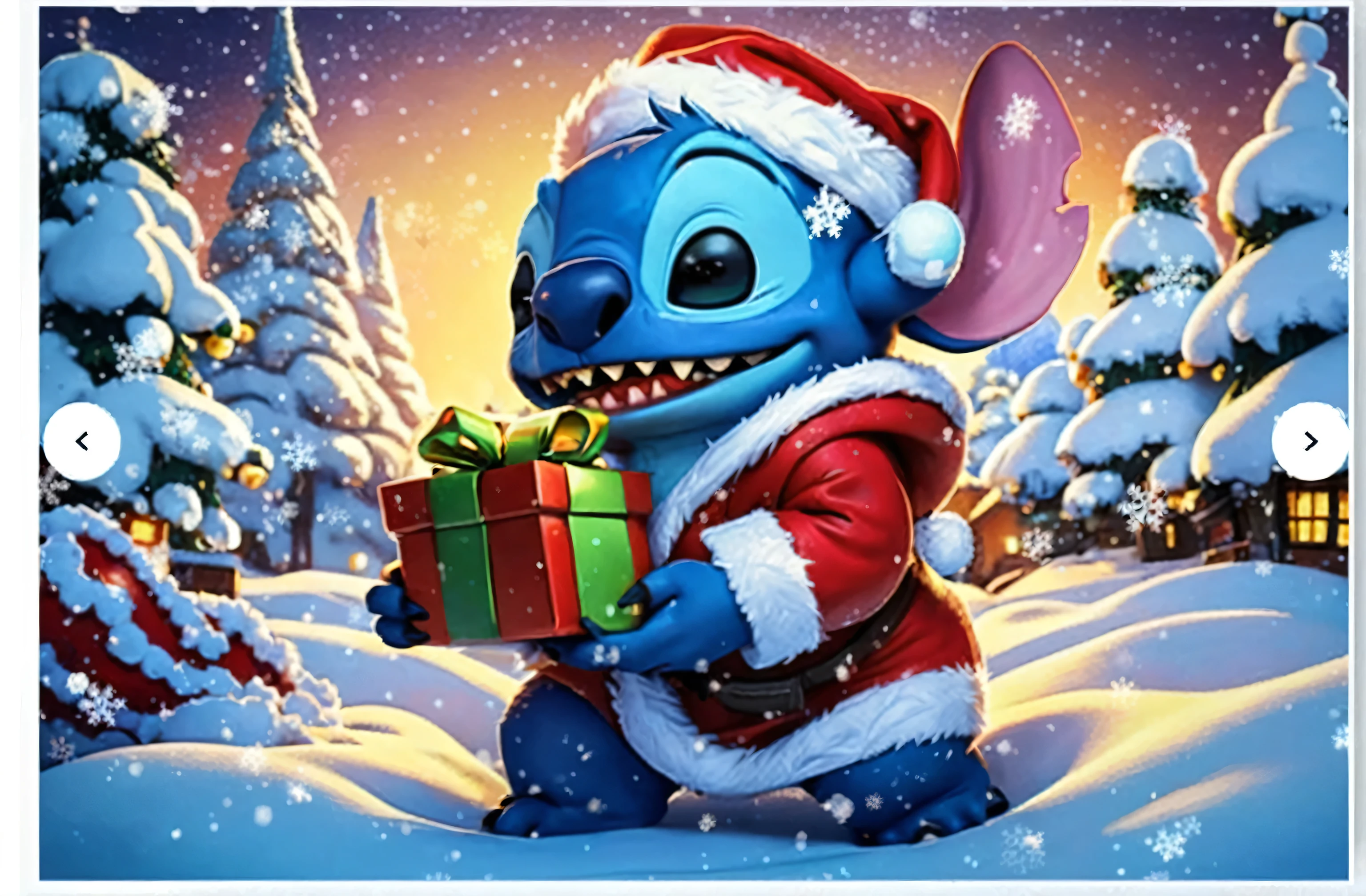 Close-up:Stitch holding a Christmas gift in the snowy forest, Profile picture 1024px, Interstellar baby, wonderful, official art works, 8400, 8k 4k, joy, 2 d, 2D, ❤🔥🍄🌪, ✨🕌🌙, Happy, 4K in 2023, 5D