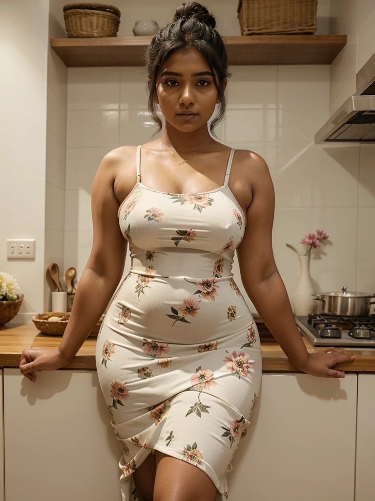 Sri lankan girl 25 years old curvy body sexy figure fat hairbun wearing flower pattern tight long dress at kitchen nsfw