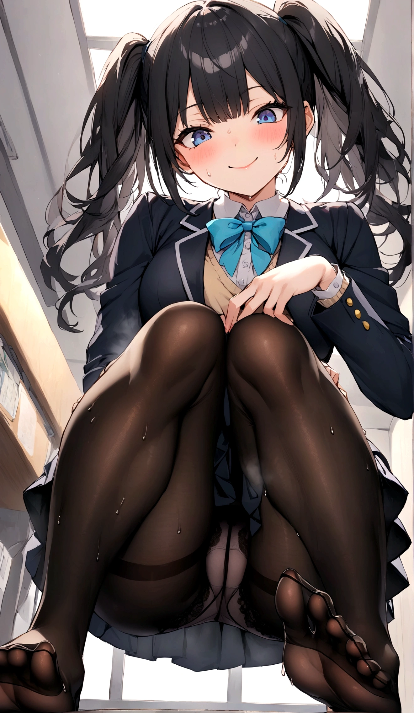 Gal High School e girl in a mini skirt, Squat with your legs wide apart、Looking down at the viewer, Twin tails, Highest quality, Focus on the thighs, Dynamic pose, smile, blazer, blouse, Black Pantyhoanties undehose, , classrBlack Hair,My thighs are steaming between the legs 、Sweaty pantyhose、Show the solesour feet here、My feet are stuffy