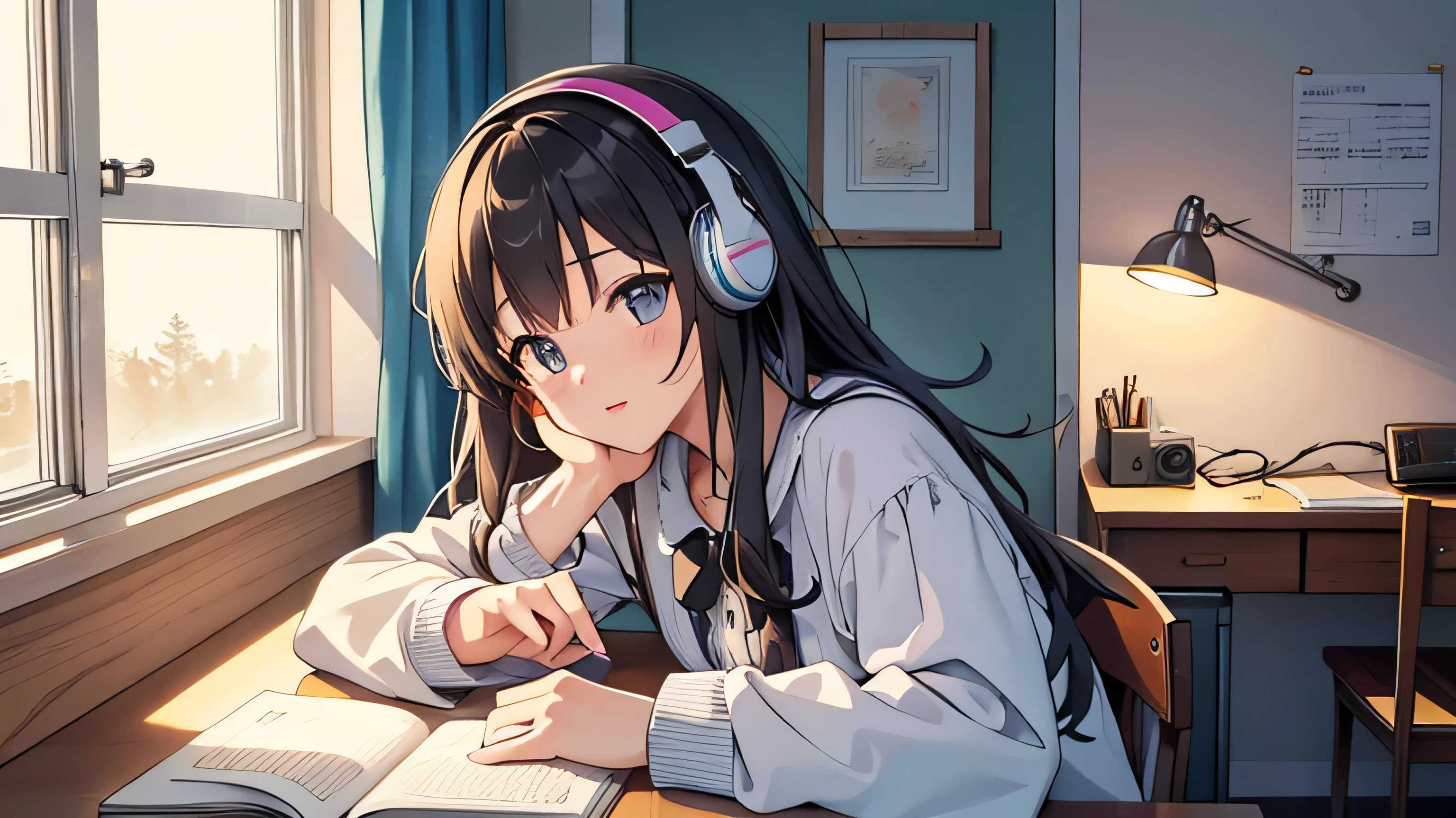 A woman is listening to music on headphones while studying at her desk in her room　Outside the window is a rural night view　Warm lighting and lots of hobby items in the room、The room is decorated in pastel colors.　There is a half-drunk cup of coffee on the desk.