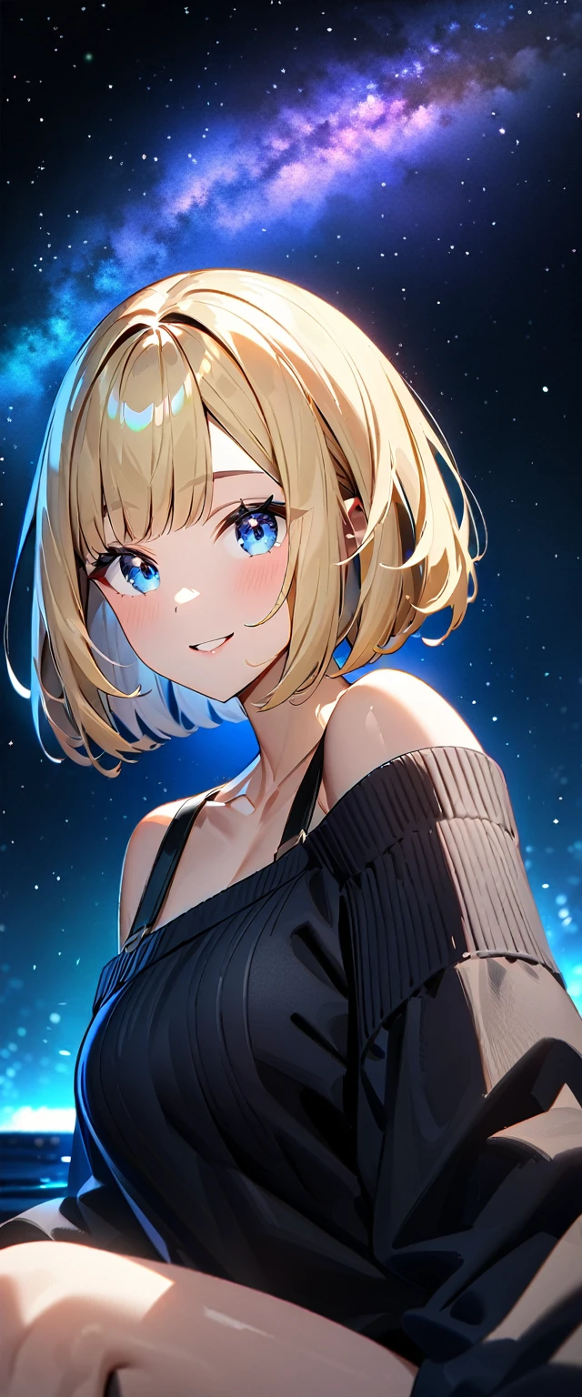 (()), (((focus on face))), ((extreme close up face)), (((a beautiful starry sky, the Milky Way shining beautifully in the night))), ((Aran sweater)), ((((from side)))), ((sitting on the very high cliff)), wavy hair, inward curled hair, sea, ((blond hair, bob cut:1.3)), breasts, ager, (looking at viewer), oversized clothes, puffy long sleeves, ((off-shoulder sweater:1.3, Quite thick shoulder straps)), ((black sweater)), collarbone, head tilt:1.3, (((blue eyes))), happy smile, (((anime style))), (best quality, 4K, 8K, highres, masterpiece:1.2, ultra-detailed, ultra-detailed eyes, HDR, uhd, studio lighting, ultra-fine painting, sharp focus, physically-based rendering, extreme detail description, professional, vivid colors, bokeh)